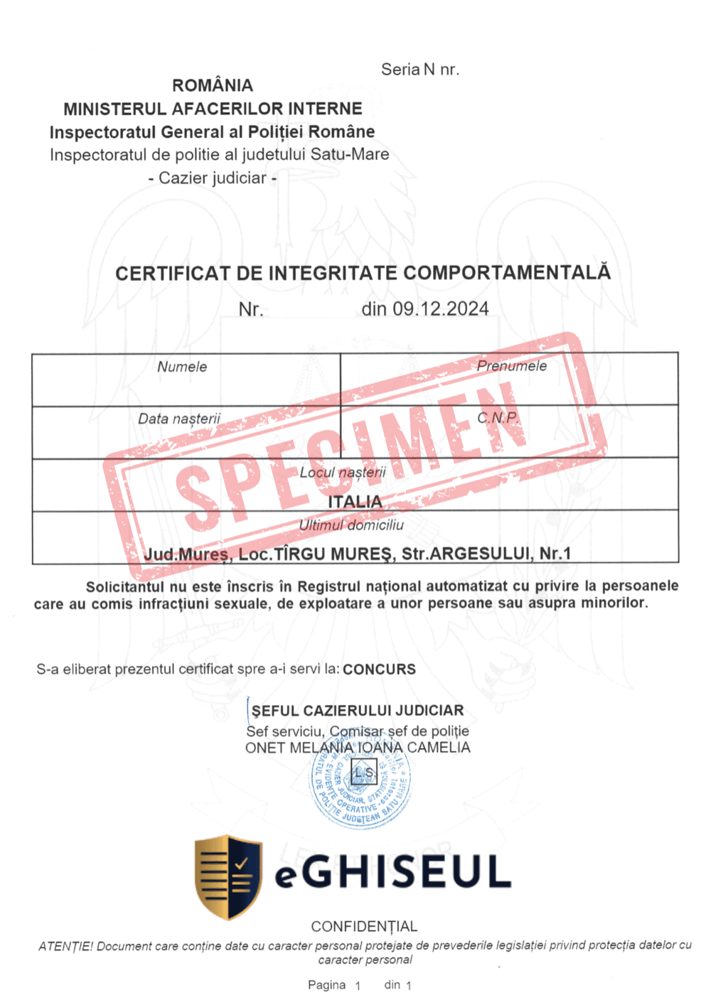 Certificat de Integritate Comportamentală